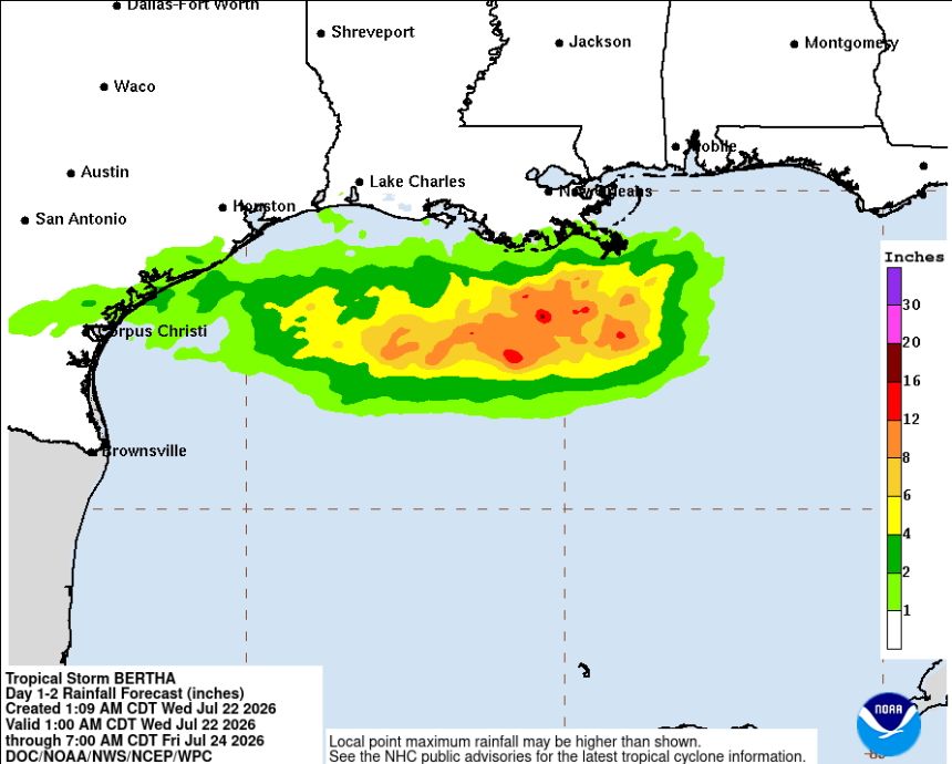 Tropical Storm Bertha fuels a serious flood threat on the East Coast after making landfall in Louisiana